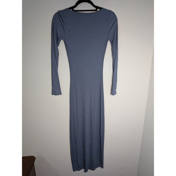 Ribbed Knit Midi Dress Women's M Blue Rayon Spandex Long Sleeve Bodycon EUC - Picture 3 of 3
